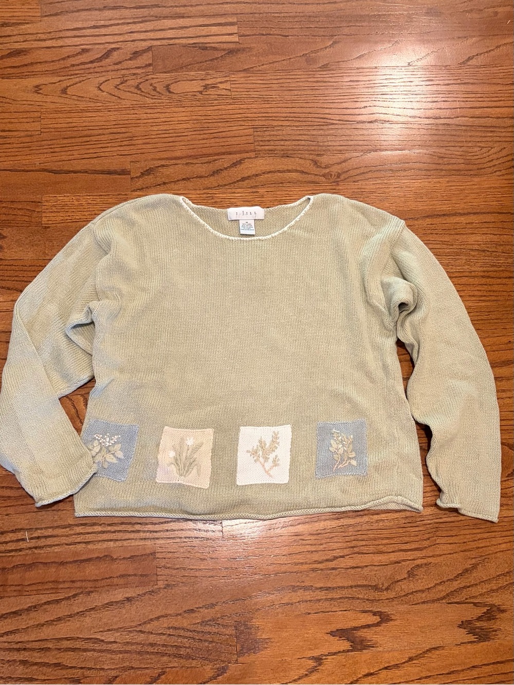 VTG J.Jill Sweater Medium Sage Green Knit Floral Embroidered Patchwork Pullover - Picture 2 of 11